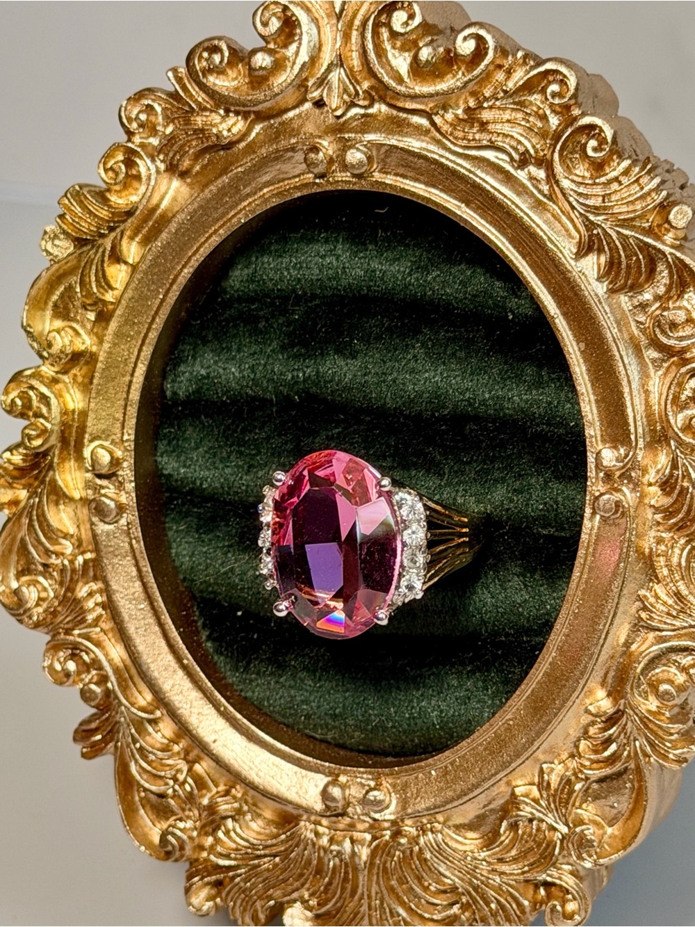 Vintage Style Pink Statement Cocktail Ring Gold Tone Size 7